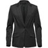 A women's black knit blazer with a single button and striped interior, featuring two front pockets and a lapel collar.
