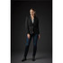 A women's black knit blazer with a single button, worn over a light top and paired with dark jeans and ankle boots.