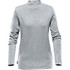 A grey women's jumper with a high neck and long sleeves, featuring a logo on the hem.