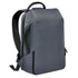 A dark grey backpack with padded straps and a sleek design, featuring a side zipper and a logo.
