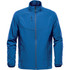 A blue men's jacket with a zip-up front, featuring a textured pattern and a high collar. It has a logo on it.