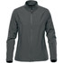 A women's jacket in dark grey with a zip front and a sleek, textured design. Features a branded logo.