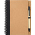 A brown spiral notebook with a black cover and a black pen attached on the side.