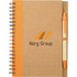 A brown spiral notebook with an orange pen attached, featuring a logo on the front cover.