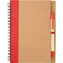 A brown spiral notebook with a red accent and a matching pen attached to the side.