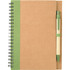 A spiral notebook with a brown cover and green accent, accompanied by a green pen. Features a logo on the front.