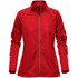 A red women's softshell jacket with a high collar and full zipper, featuring a logo on the left side.