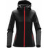 A women's softshell hoody in black with contrasting red zips and hood, featuring side pockets and a fitted design.