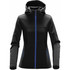 A black women's softshell hoody featuring blue zippers and a hood. It has two side pockets and a sleek design.
