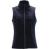 A women's softshell vest in navy blue with a high collar and zippered pockets, featuring branding.