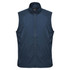 A navy blue men's vest with a zip front and a high collar, featuring a logo on the chest area.