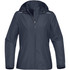 A women's rain jacket in navy blue featuring a hood and zippered pockets, with a logo on the chest.