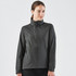 A women's rain jacket in dark grey, featuring a zip front and side pockets. It has a subtle logo on the chest.