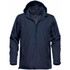 A navy men's jacket featuring a hood, zippered front, and pockets, with a logo. It's versatile for various weather conditions.
