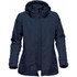 A navy women's jacket with a detachable hood, featuring zippers and a sleek design. It has a logo.