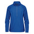 A blue women's 1/4 zip anorak jacket with a logo, featuring long sleeves and a lightweight design.