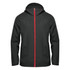 Men's Pacifica Wind Jacket in dark green with a red zipper and hood, featuring a logo on the front.