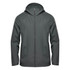 A men's wind jacket in dark green, featuring a hood and a front zip, with a logo on the chest.