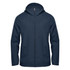 A navy wind jacket with a hood and a zipped front, featuring a logo on the chest area.