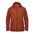 A men's wind jacket in a rich brown colour, featuring a hood and zip closure, with a logo on one side.