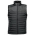 A men's quilted vest in dark grey with a high collar and front zip, featuring a logo on the lower side.