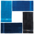 A set of four beach towels in shades of blue and black, featuring logos and branding on some.