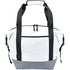 A cooler bag featuring a white body with black straps and accents, designed for portable storage.