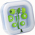Green Colour Pop Earbuds with microphone, displayed in a clear case, featuring different ear tips and a logo.