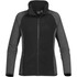 A women's microfleece jumper in black and grey, featuring a zip front and a brand logo.