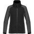A women's black and grey microfleece jumper with a zip front and high collar, featuring a logo on the side.