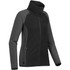 A women's microfleece jumper in grey and black, featuring a high collar and side pockets. The garment has a logo.