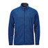 A blue full zip jacket featuring a high collar and zippered pockets, with a subtle branded logo.