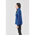 A women's full zip jacket in blue, featuring a high collar and zippered pockets, presented in a side view.