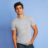 A grey men's cotton crew t-shirt displayed on a model against a light blue background. The shirt features a logo.