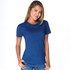 A blue women's boyfriend tee with a classic crew neckline, modelled by a woman against a plain background.