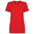A red women's boyfriend tee featuring short sleeves and a classic crew neckline. It includes a branding label.