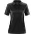 A black women's polo shirt featuring a striped pattern on the front and a logo on the side.