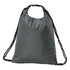 A grey drawstring bag with black straps, featuring a simple design and a logo.