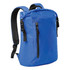 A blue roll-top backpack with adjustable straps and a front zipper pocket. It features a logo on the front.