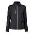 A black women's softshell jacket with a high collar, zippered pockets, and a front zipper. It features a logo.