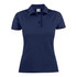 A navy women's cotton polo shirt featuring a collar and buttons, with a logo on the label.