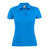 A women's cotton polo shirt in vibrant blue with a collar and three-button placket, featuring a logo.