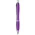 A purple plastic pen with a silver clip and tip, featuring a soft grip section and a logo.
