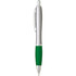 A plastic pen with a silver barrel and a green rubber grip, featuring a clip and a logo.