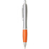 A plastic pen with a silver barrel and an orange grip, featuring a clip and a branding logo.