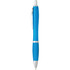 A blue plastic pen with silver accents and a clip, featuring a smooth, contoured design and an internal logo.