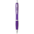 A purple plastic pen with a silver clip and tip, featuring a comfortable grip and a sleek design.