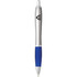 A silver and blue plastic pen with a logo on the barrel.