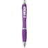 A purple plastic pen with a silver clip and grip, featuring a logo on the barrel.
