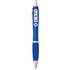 A blue plastic pen with a silver clip and a logo on the barrel.
